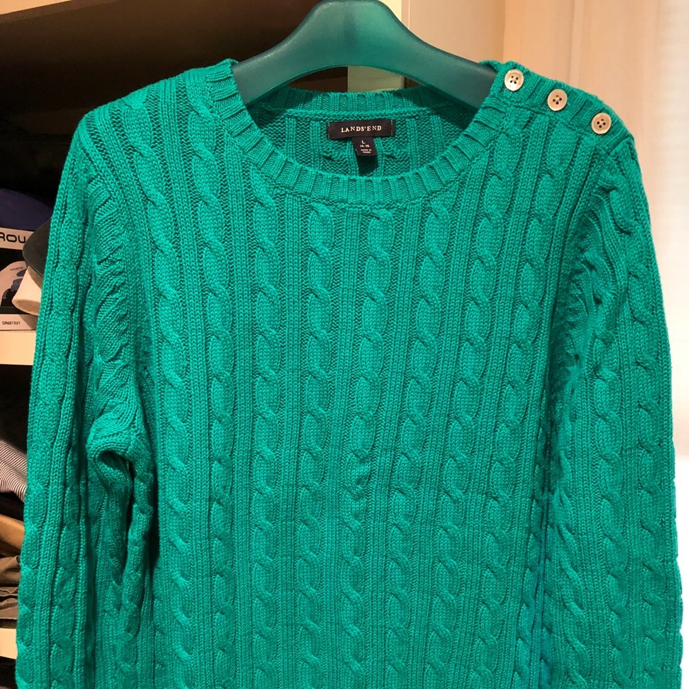 Green Lands End cotton cable sweater.